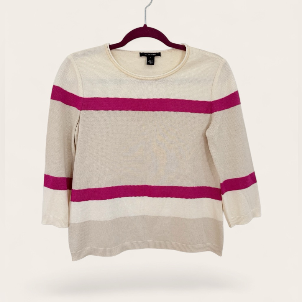 St John 495 Cream And Fuchsia Striped Knit Top Luxury Brand Wool Blend